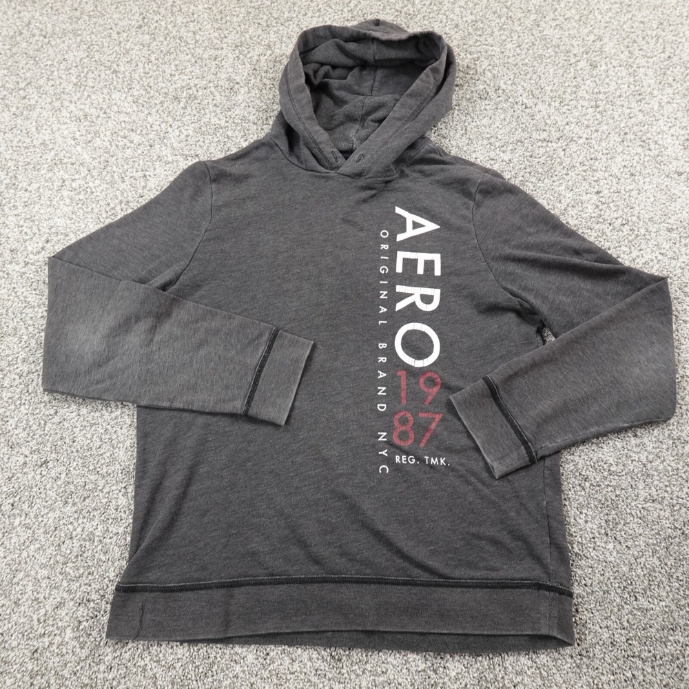 Aeropostale Hoodie Mens L Gray Logo Pullover Sweater Sweatshirt Grunge Fade Aero